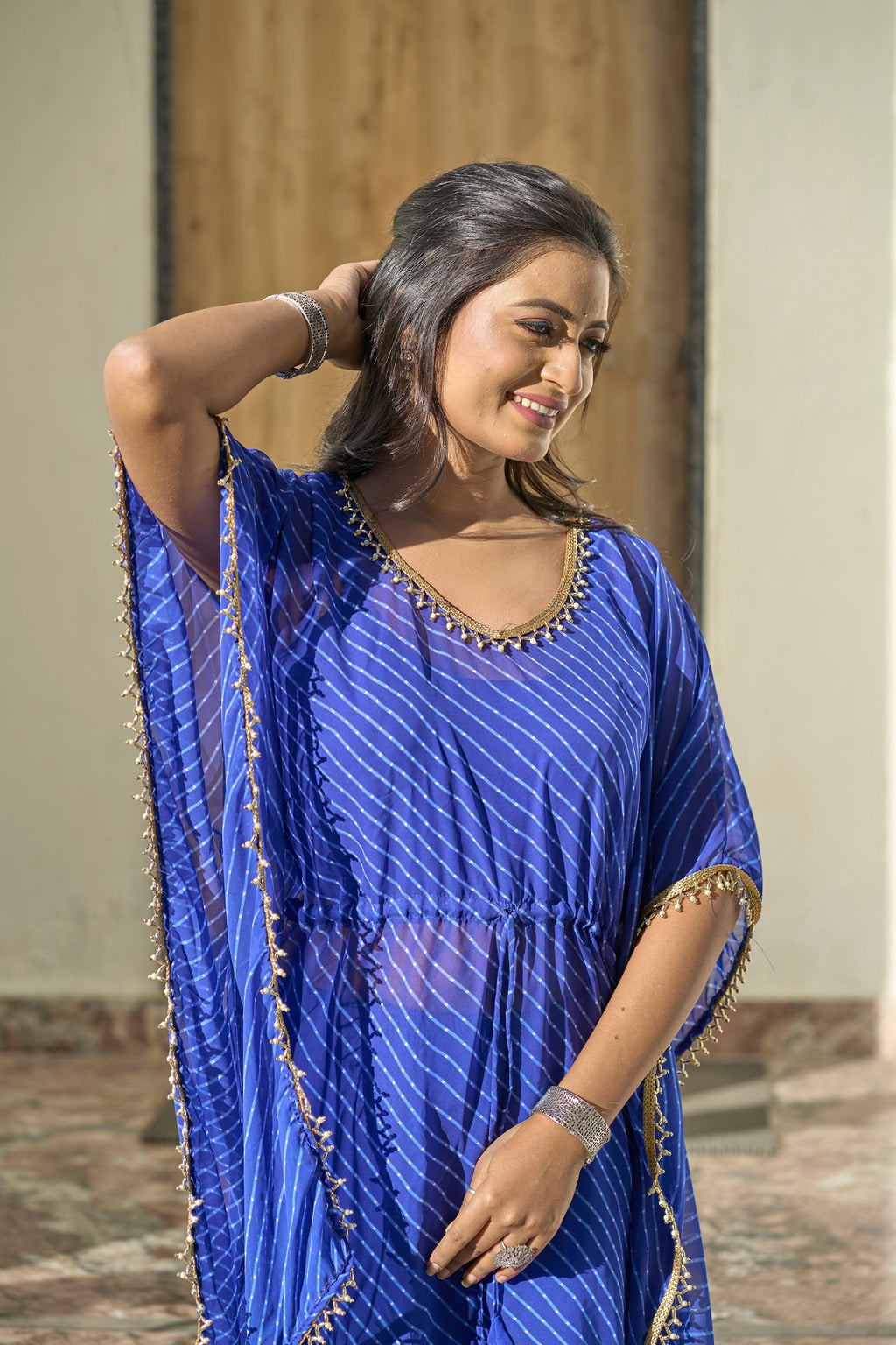 Vedant Vastram Leheriya Print Pure Georgette Sharara Cordset With Kaftan - Royal Blue | Grocsy