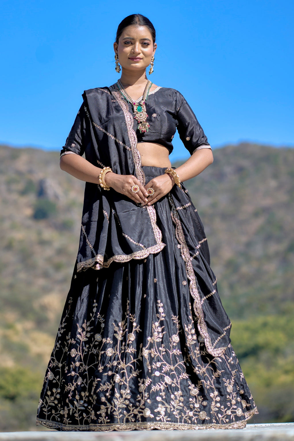 Vedant Vastram Embroidered Heavy Chinon Lehenga Choli With Blouse & Dupatta - Black | Grocsy