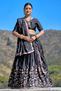 Vedant Vastram Embroidered Heavy Chinon Lehenga Choli With Blouse & Dupatta - Black | Grocsy