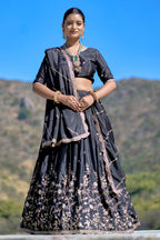 Vedant Vastram Embroidered Heavy Chinon Lehenga Choli With Blouse & Dupatta - Black | Grocsy