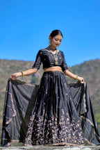 Vedant Vastram Embroidered Heavy Chinon Lehenga Choli With Blouse & Dupatta - Black | Grocsy