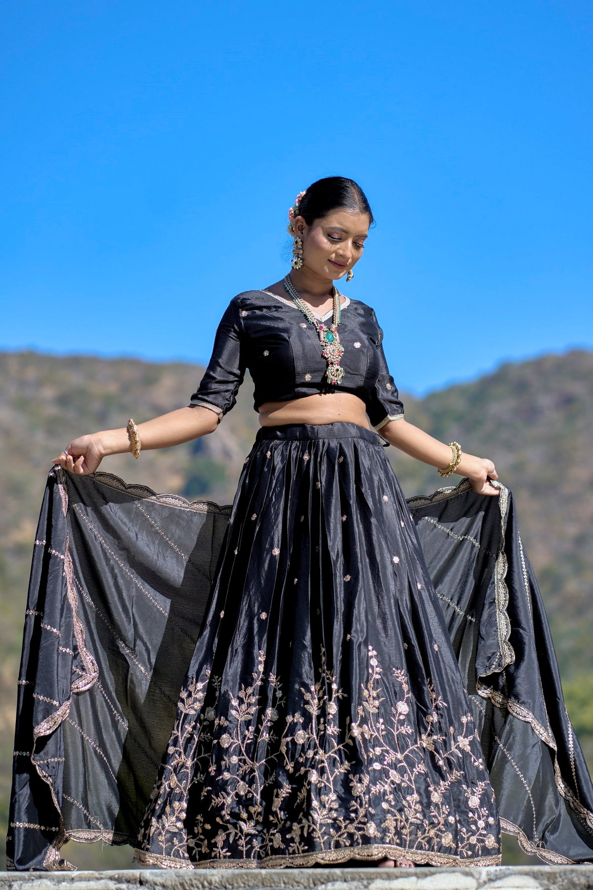 Vedant Vastram Embroidered Heavy Chinon Lehenga Choli With Blouse & Dupatta - Black | Grocsy