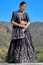 Vedant Vastram Embroidered Heavy Chinon Lehenga Choli With Blouse & Dupatta - Black | Grocsy