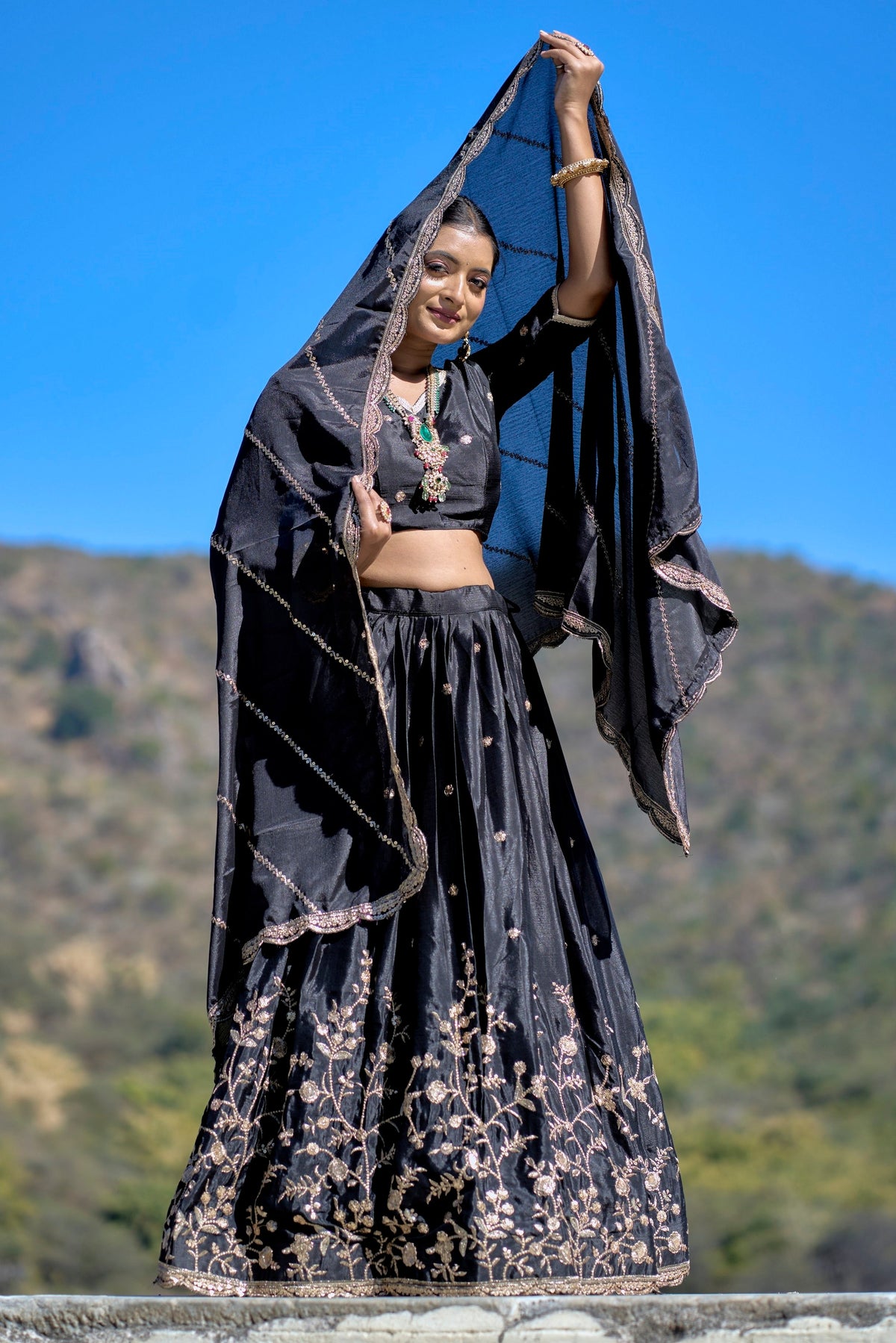Vedant Vastram Embroidered Heavy Chinon Lehenga Choli With Blouse & Dupatta - Black | Grocsy