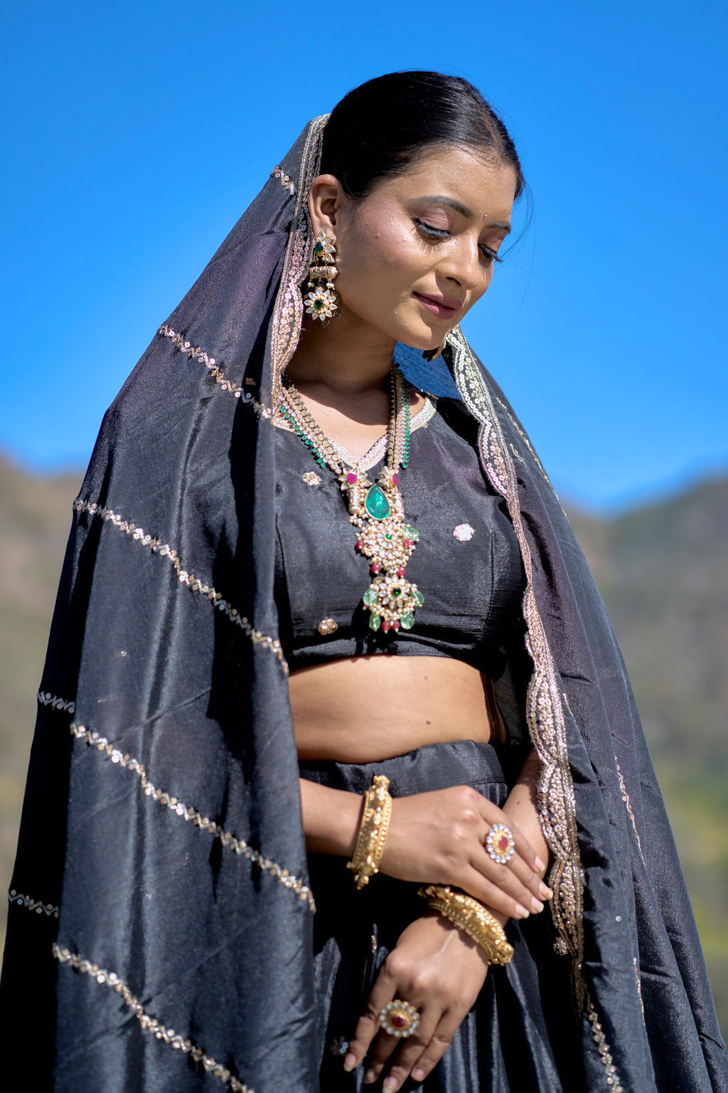 Vedant Vastram Embroidered Heavy Chinon Lehenga Choli With Blouse & Dupatta - Black | Grocsy
