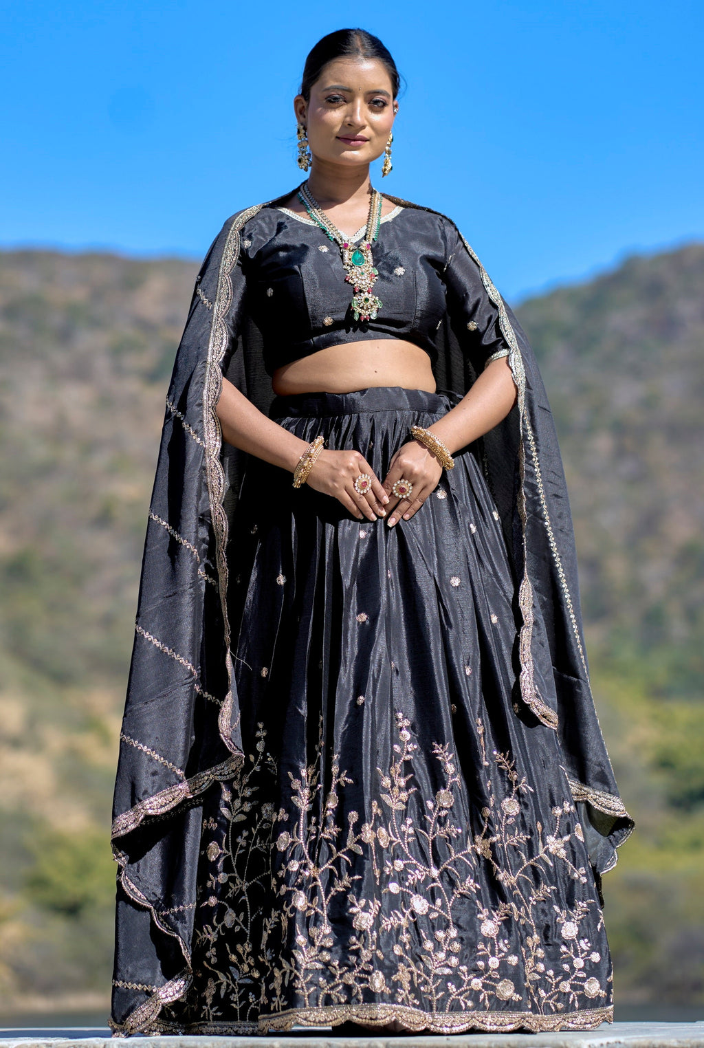 Vedant Vastram Embroidered Heavy Chinon Lehenga Choli With Blouse & Dupatta - Black | Grocsy