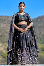 Vedant Vastram Embroidered Heavy Chinon Lehenga Choli With Blouse & Dupatta - Black | Grocsy
