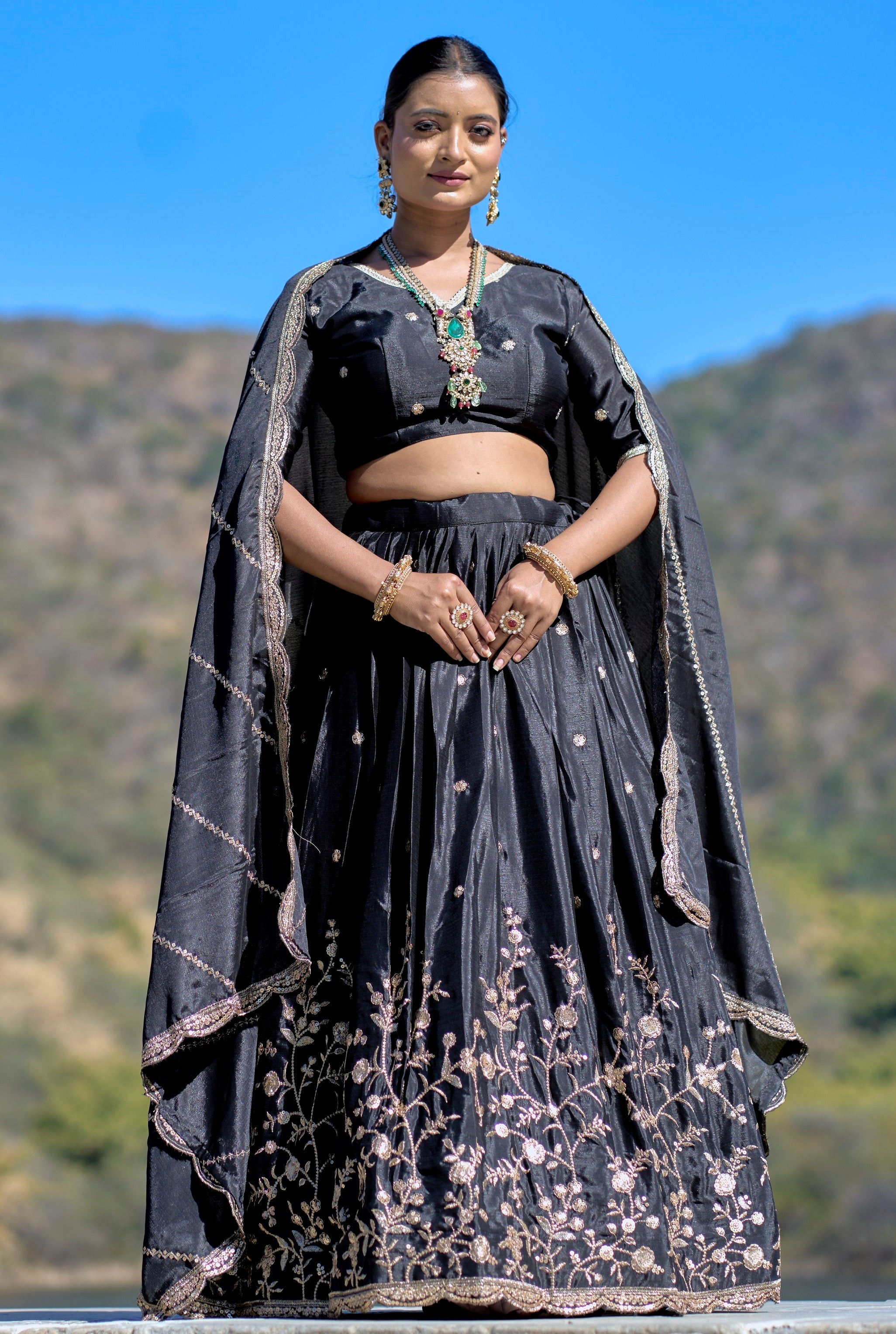 Vedant Vastram Embroidered Heavy Chinon Lehenga Choli With Blouse & Dupatta - Black | Grocsy