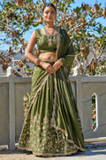 Vedant Vastram Embroidered Heavy Chinon Lehenga Choli With Blouse & Dupatta - Mehendi | Grocsy