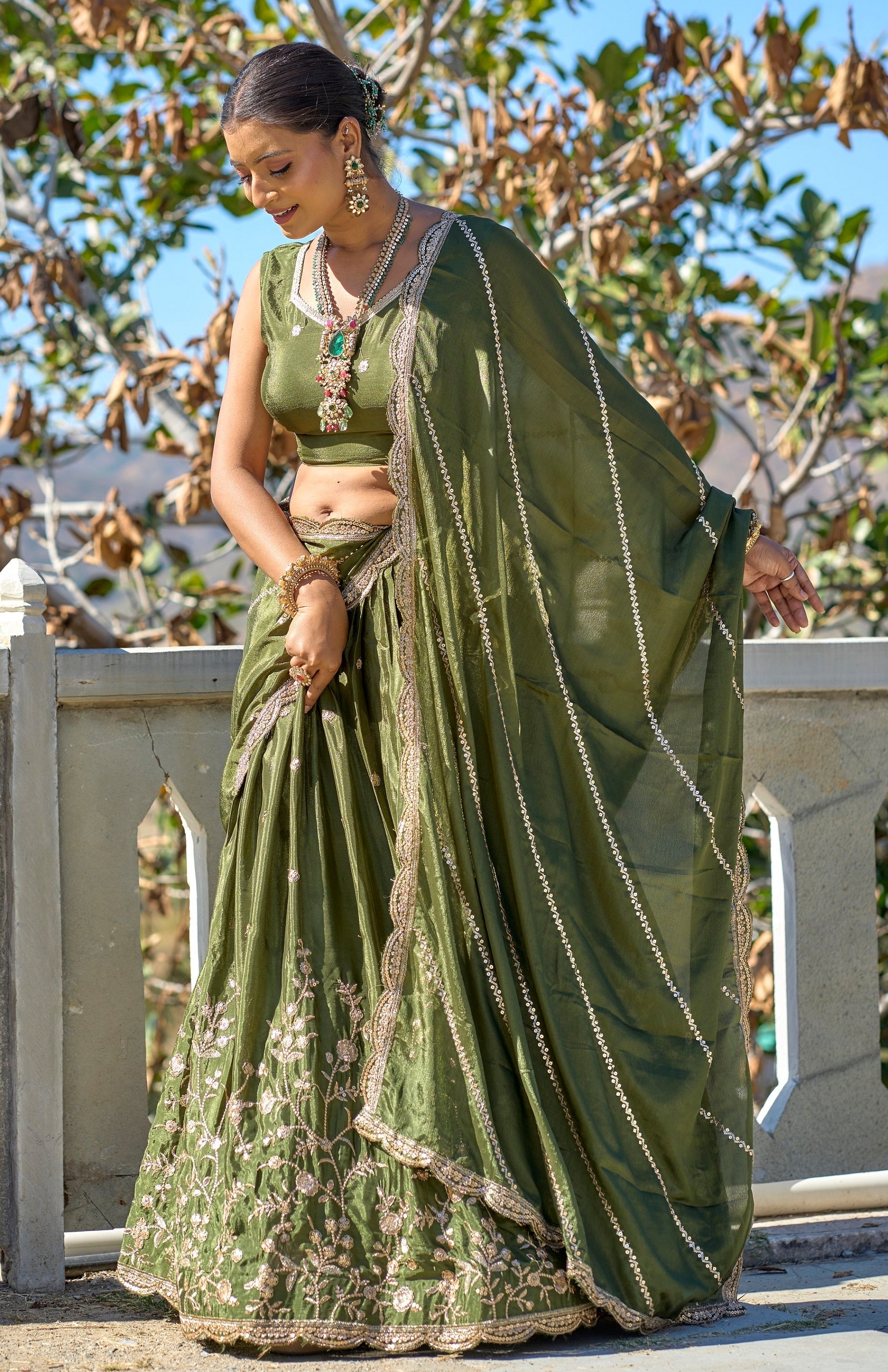 Vedant Vastram Embroidered Heavy Chinon Lehenga Choli With Blouse & Dupatta - Mehendi | Grocsy