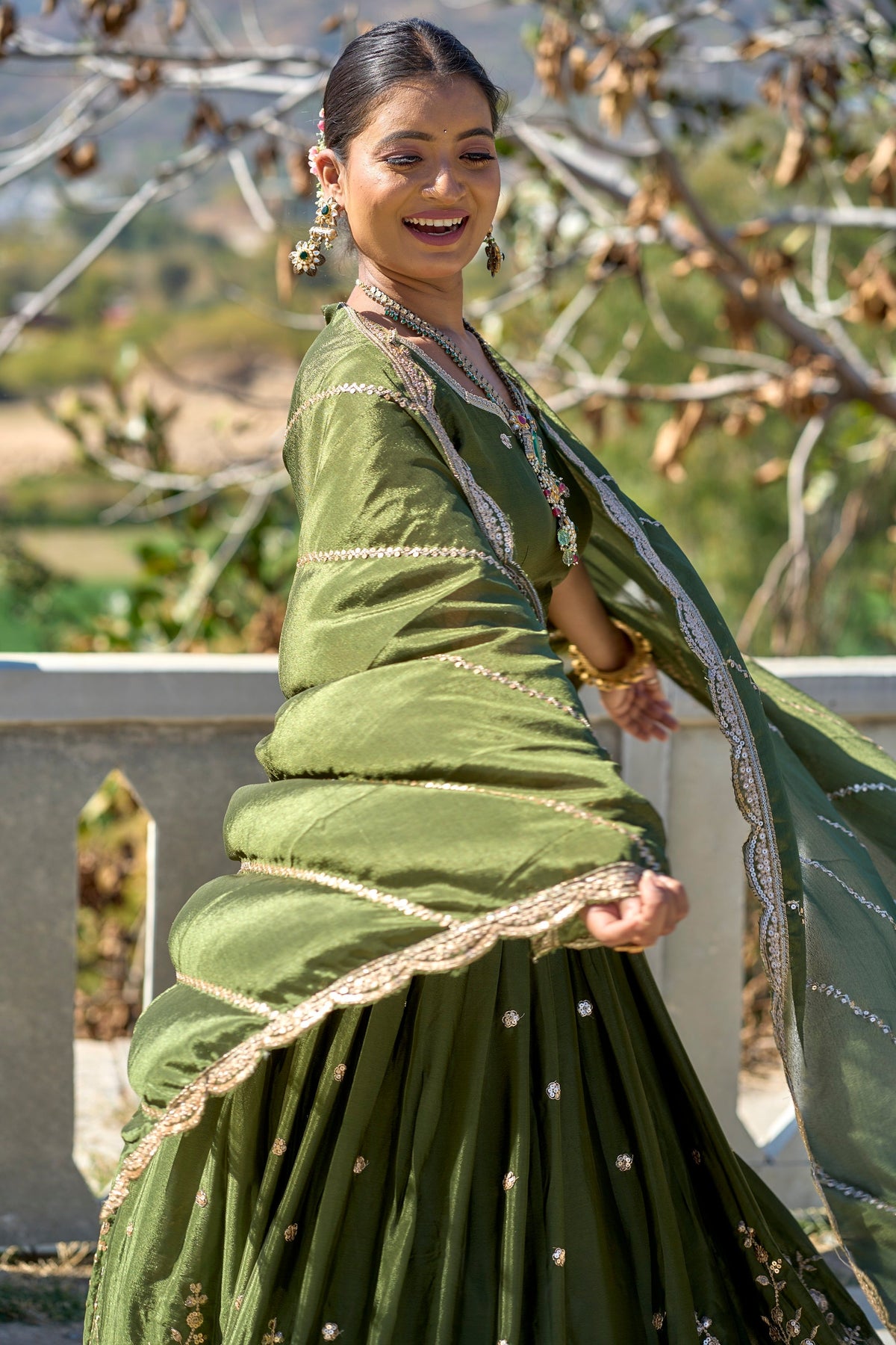 Vedant Vastram Embroidered Heavy Chinon Lehenga Choli With Blouse & Dupatta - Mehendi | Grocsy
