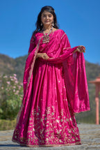 Vedant Vastram Embroidered Heavy Chinon Lehenga Choli With Blouse & Dupatta - Rani Pink | Grocsy