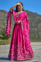 Vedant Vastram Embroidered Heavy Chinon Lehenga Choli With Blouse & Dupatta - Rani Pink | Grocsy