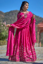 Vedant Vastram Embroidered Heavy Chinon Lehenga Choli With Blouse & Dupatta - Rani Pink | Grocsy