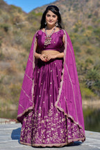 Vedant Vastram Embroidered Heavy Chinon Lehenga Choli With Blouse & Dupatta - Wine | Grocsy