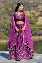Vedant Vastram Embroidered Heavy Chinon Lehenga Choli With Blouse & Dupatta - Wine | Grocsy