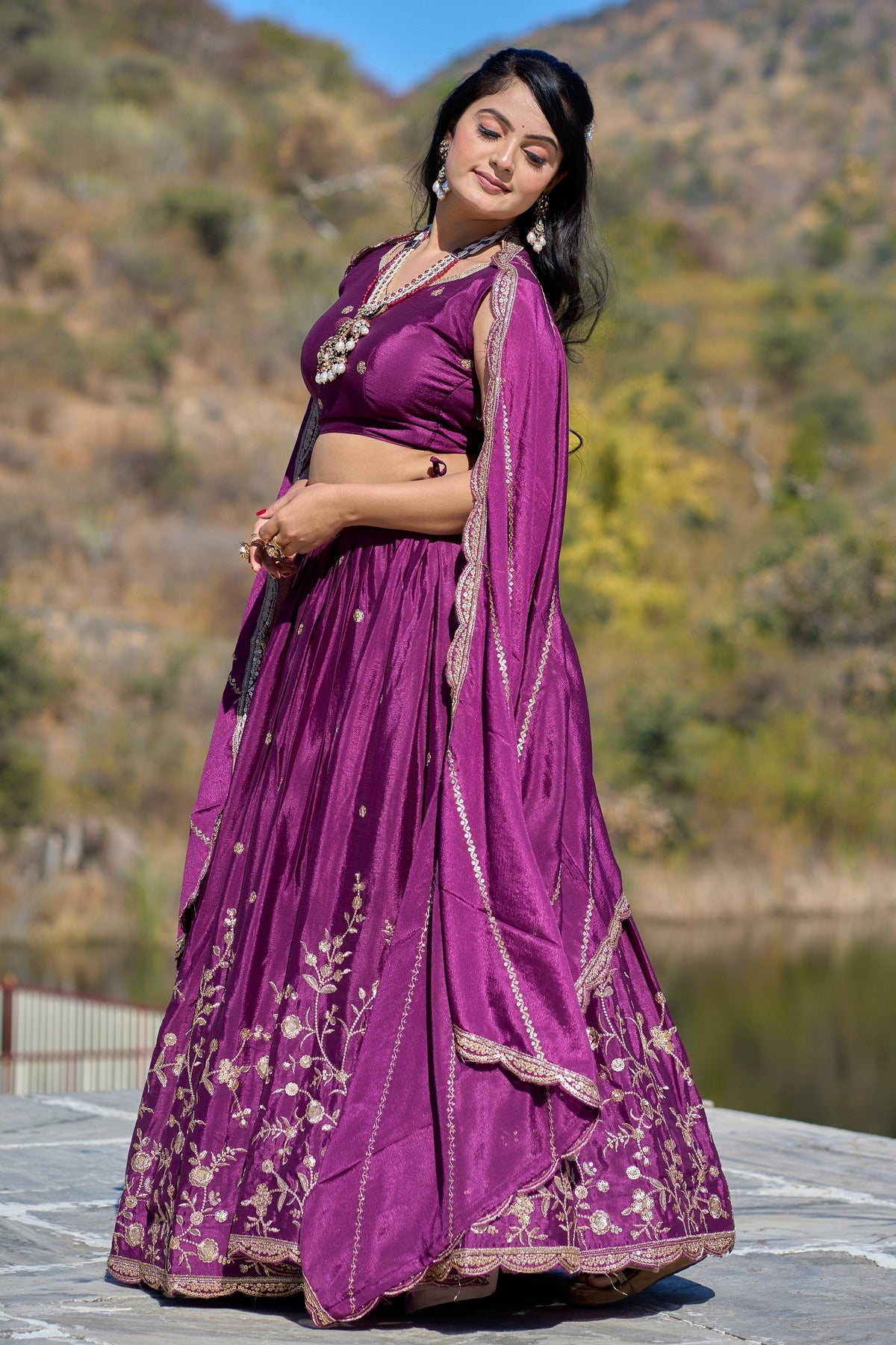 Vedant Vastram Embroidered Heavy Chinon Lehenga Choli With Blouse & Dupatta - Wine | Grocsy