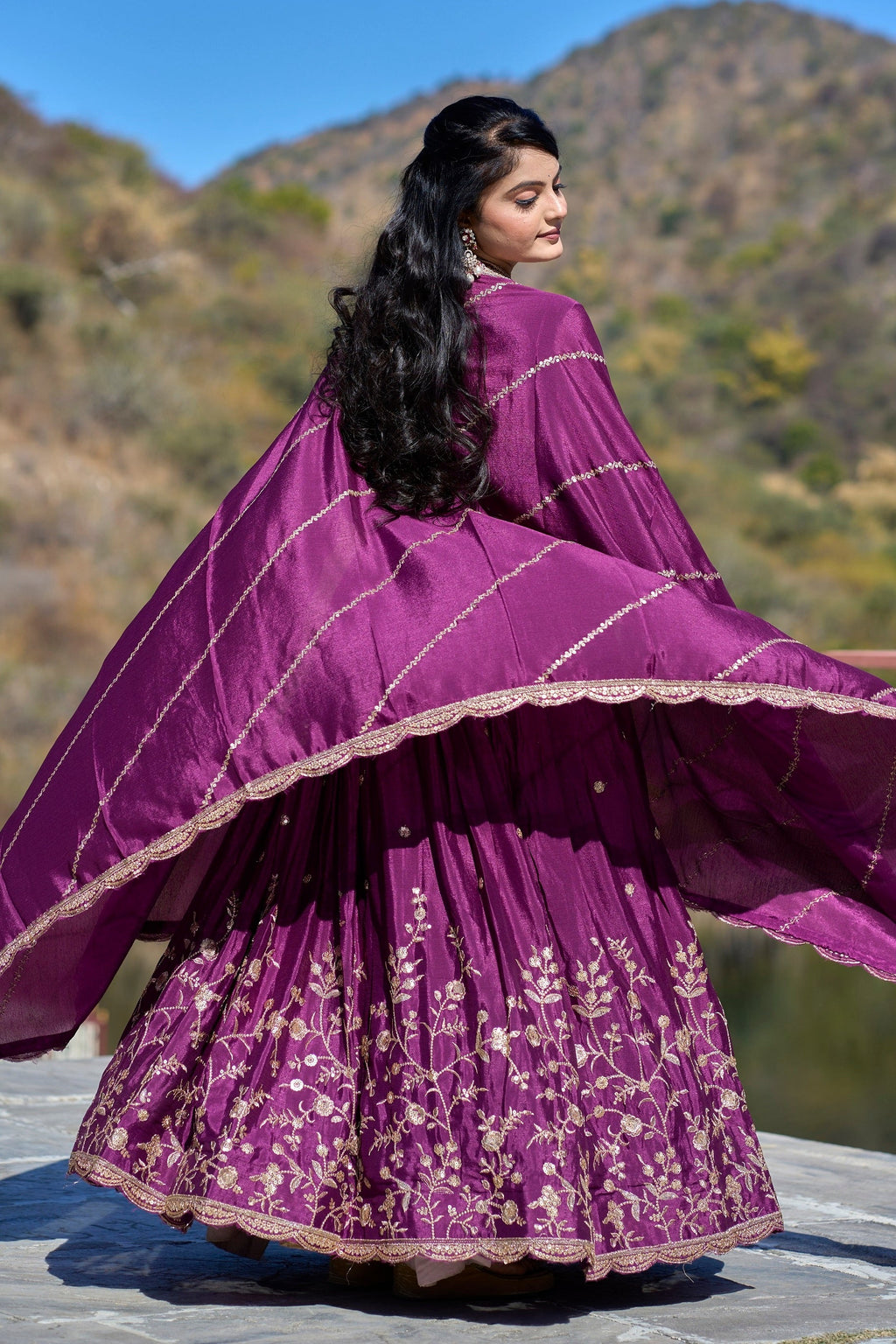 Vedant Vastram Embroidered Heavy Chinon Lehenga Choli With Blouse & Dupatta - Wine | Grocsy