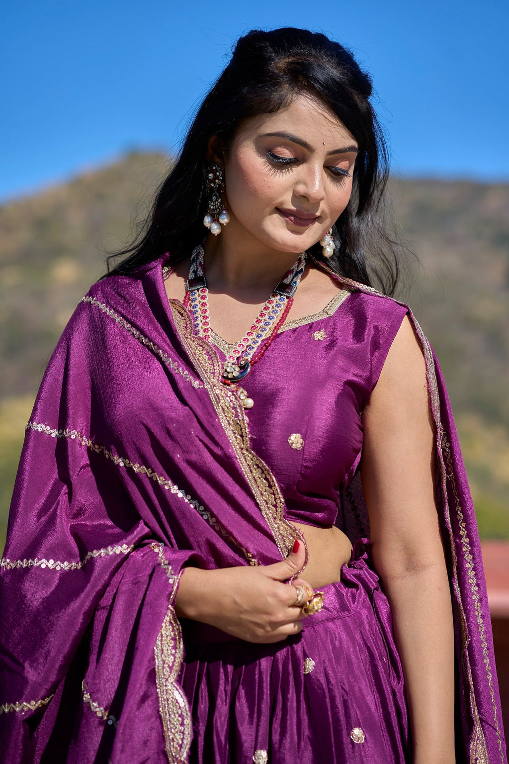 Vedant Vastram Embroidered Heavy Chinon Lehenga Choli With Blouse & Dupatta - Wine | Grocsy