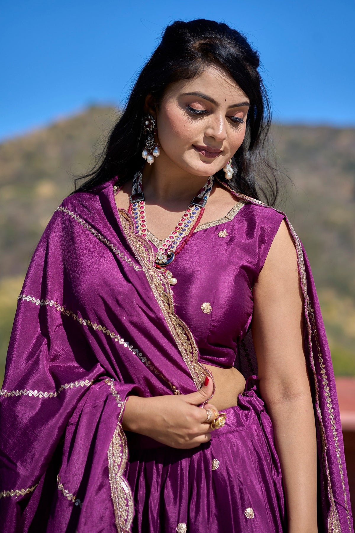 Vedant Vastram Embroidered Heavy Chinon Lehenga Choli With Blouse & Dupatta - Wine | Grocsy