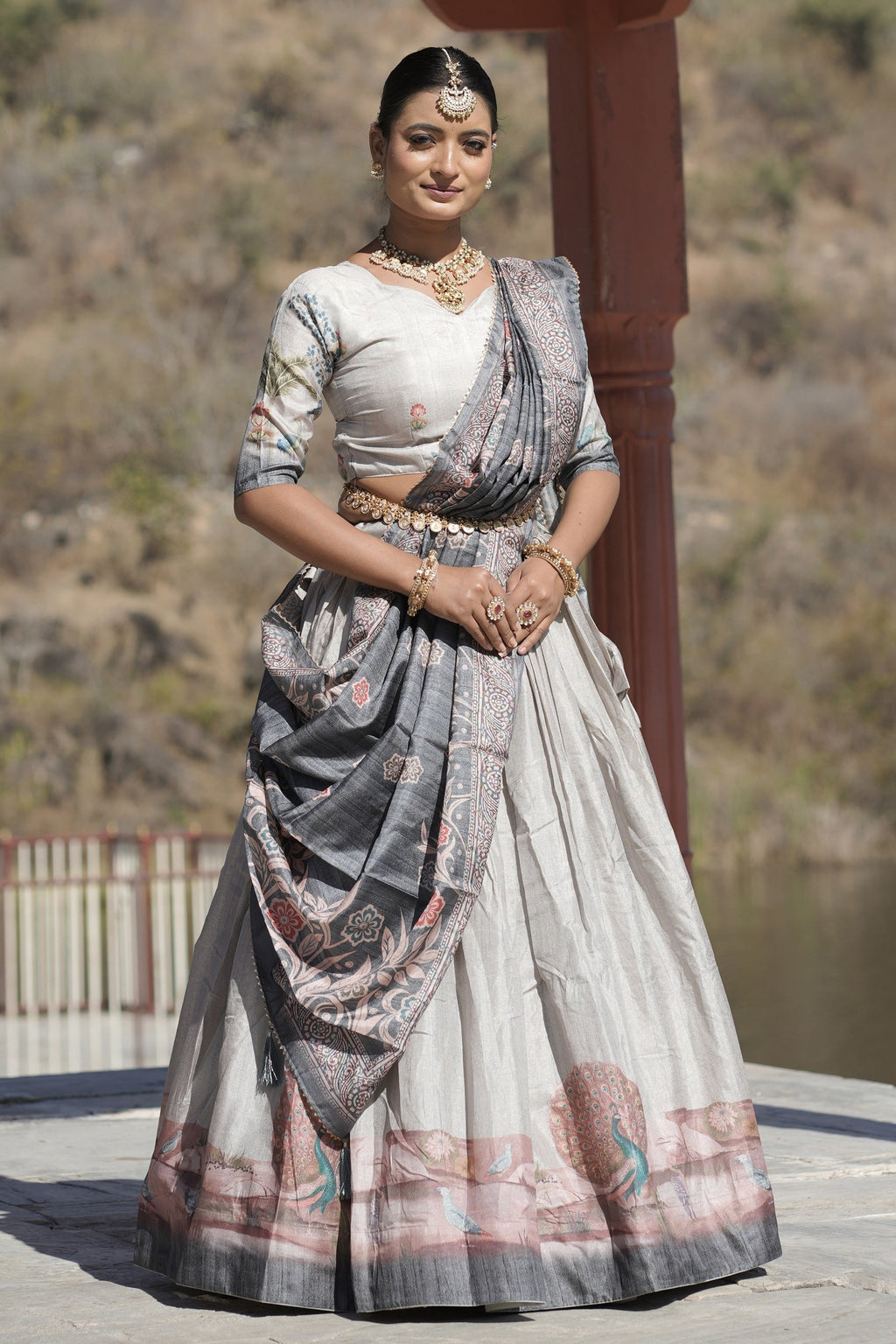 Vedant Vastram Fully Printed Pure Manipuri Silk Lehenga Choli With Blouse & Dupatta - Grey | Grocsy