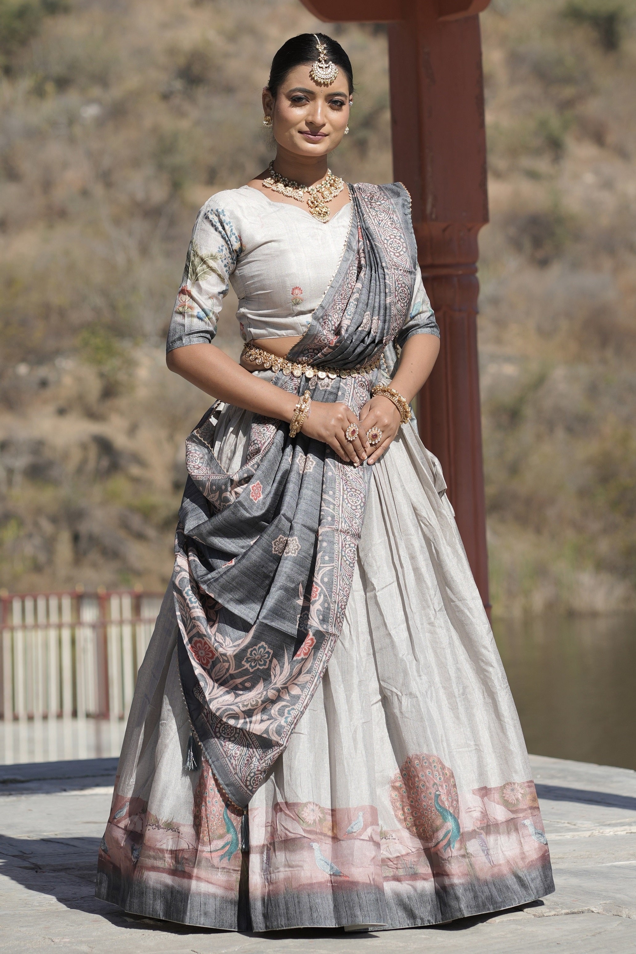 Vedant Vastram Fully Printed Pure Manipuri Silk Lehenga Choli With Blouse & Dupatta - Grey | Grocsy