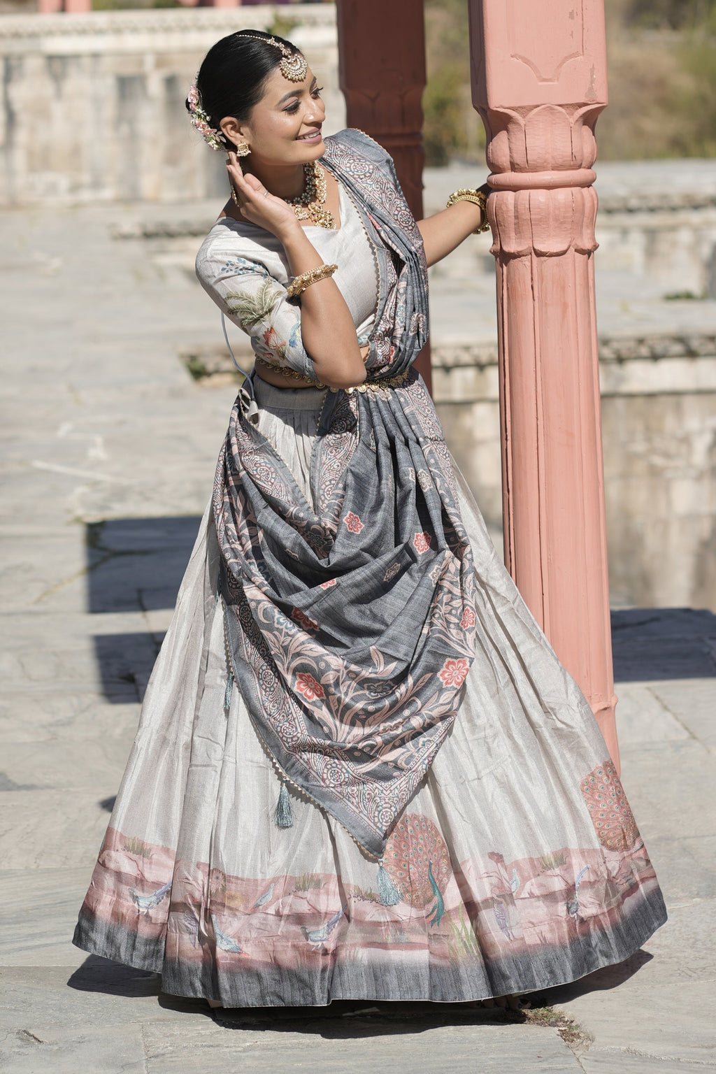 Vedant Vastram Fully Printed Pure Manipuri Silk Lehenga Choli With Blouse & Dupatta - Grey | Grocsy