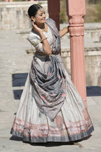 Vedant Vastram Fully Printed Pure Manipuri Silk Lehenga Choli With Blouse & Dupatta - Grey | Grocsy