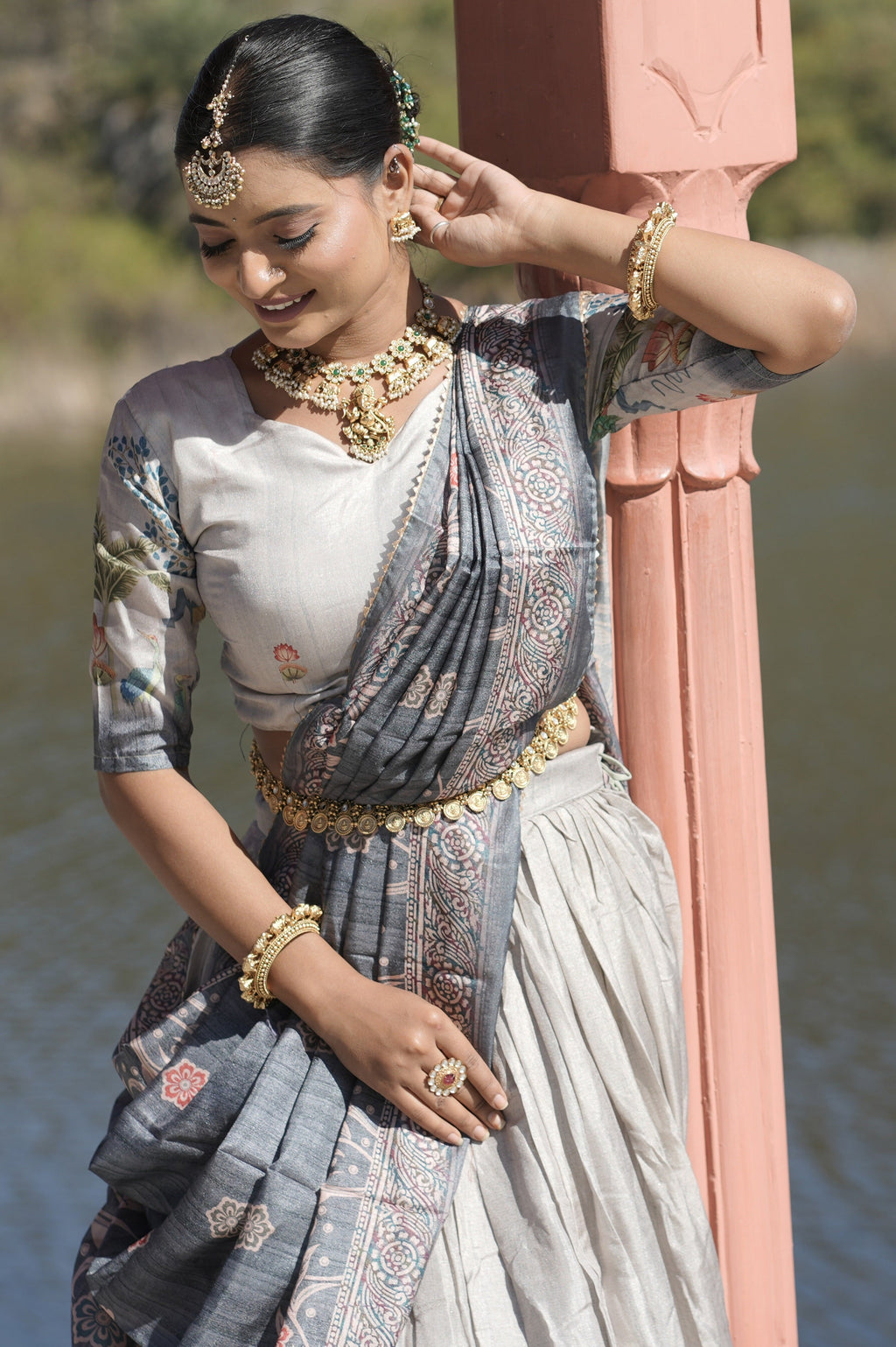 Vedant Vastram Fully Printed Pure Manipuri Silk Lehenga Choli With Blouse & Dupatta - Grey | Grocsy