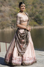 Vedant Vastram Fully Printed Pure Manipuri Silk Lehenga Choli With Blouse & Dupatta - Peach | Grocsy