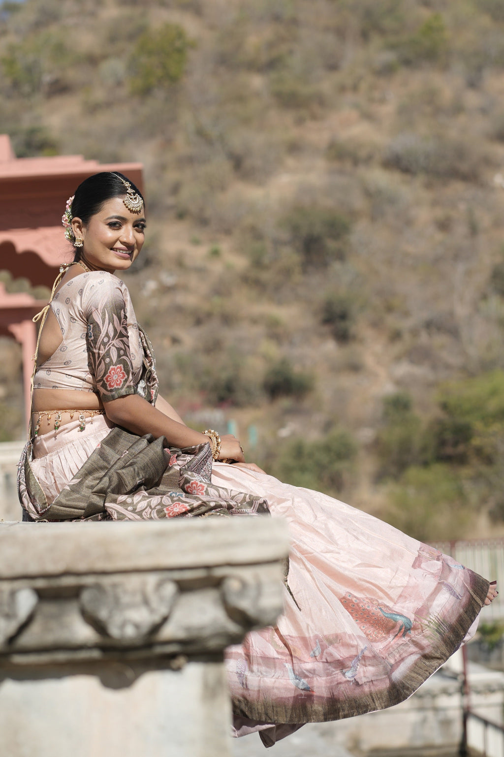 Vedant Vastram Fully Printed Pure Manipuri Silk Lehenga Choli With Blouse & Dupatta - Peach | Grocsy