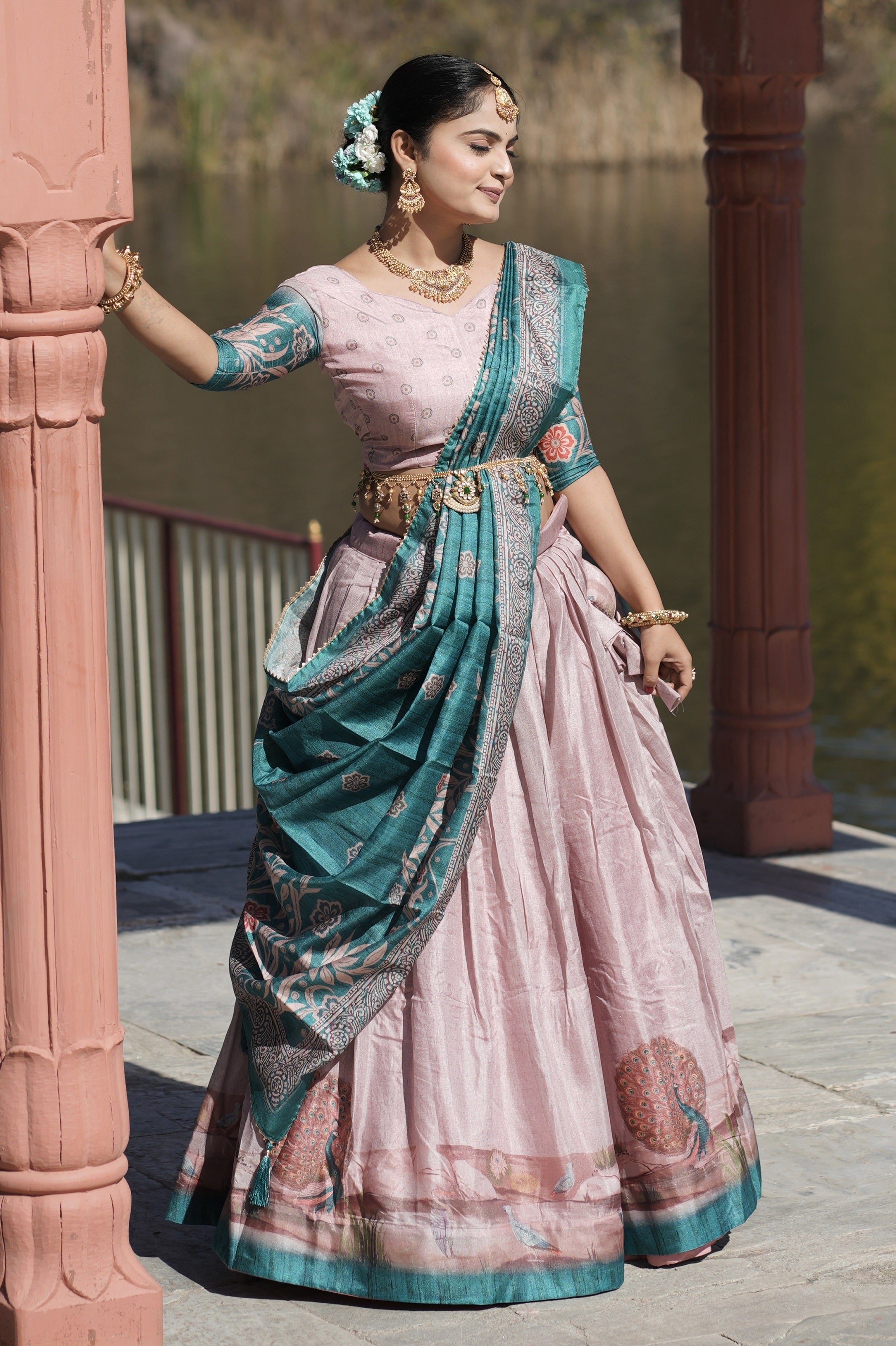 Vedant Vastram Fully Printed Pure Manipuri Silk Lehenga Choli With Blouse & Dupatta - Pink | Grocsy