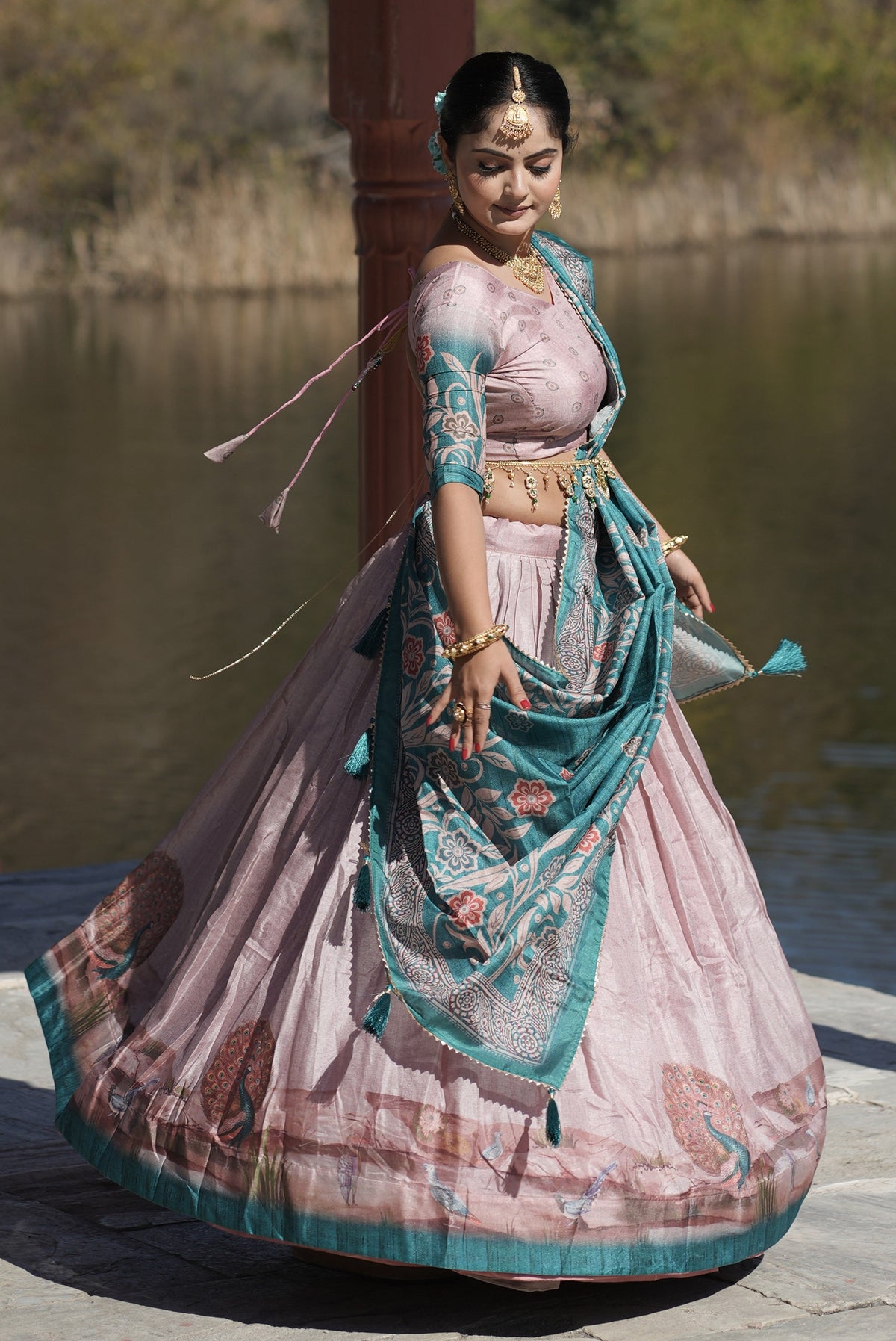 Vedant Vastram Fully Printed Pure Manipuri Silk Lehenga Choli With Blouse & Dupatta - Pink | Grocsy