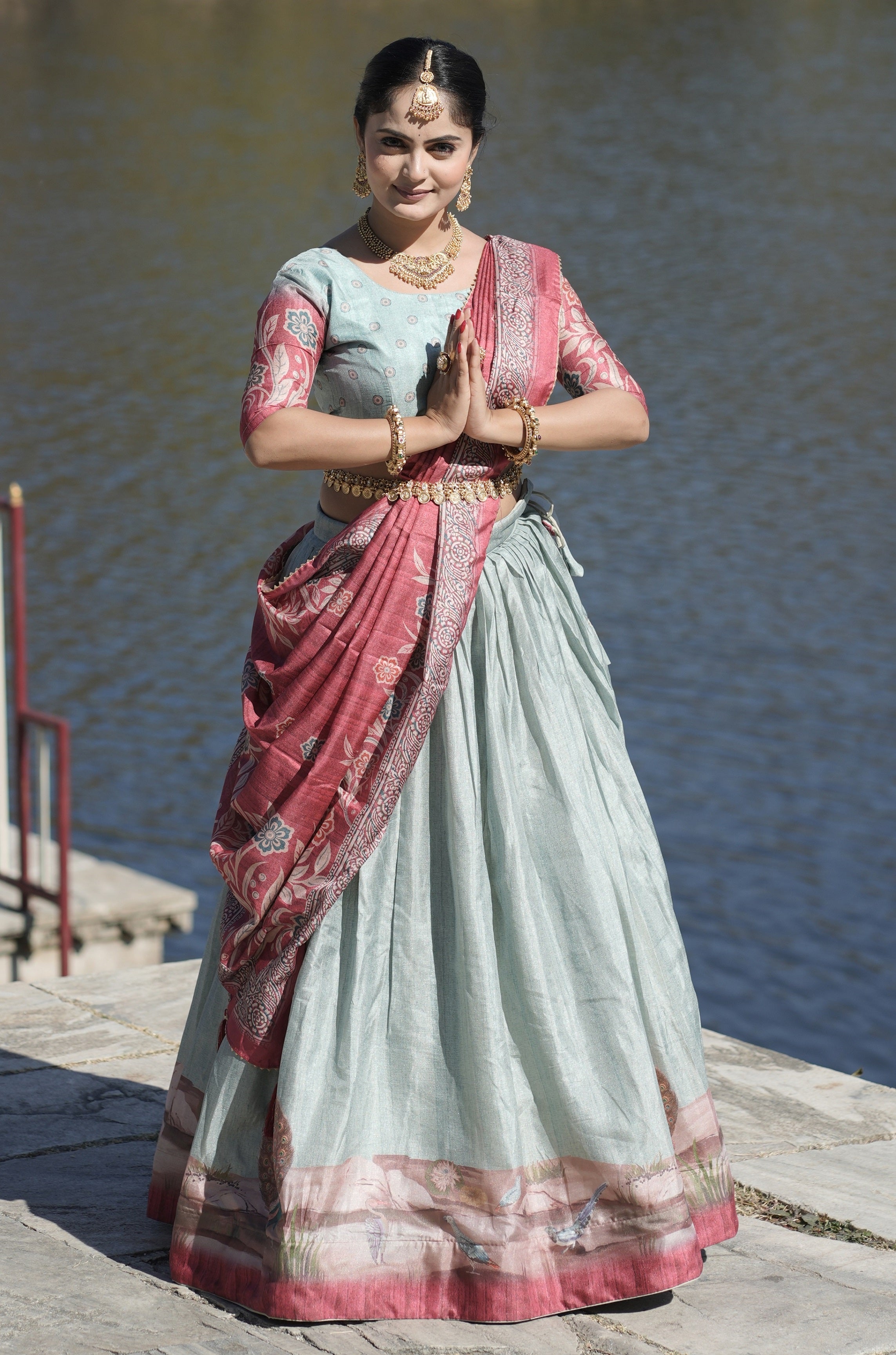 Vedant Vastram Fully Printed Pure Manipuri Silk Lehenga Choli With Blouse & Dupatta - Sky Blue | Grocsy
