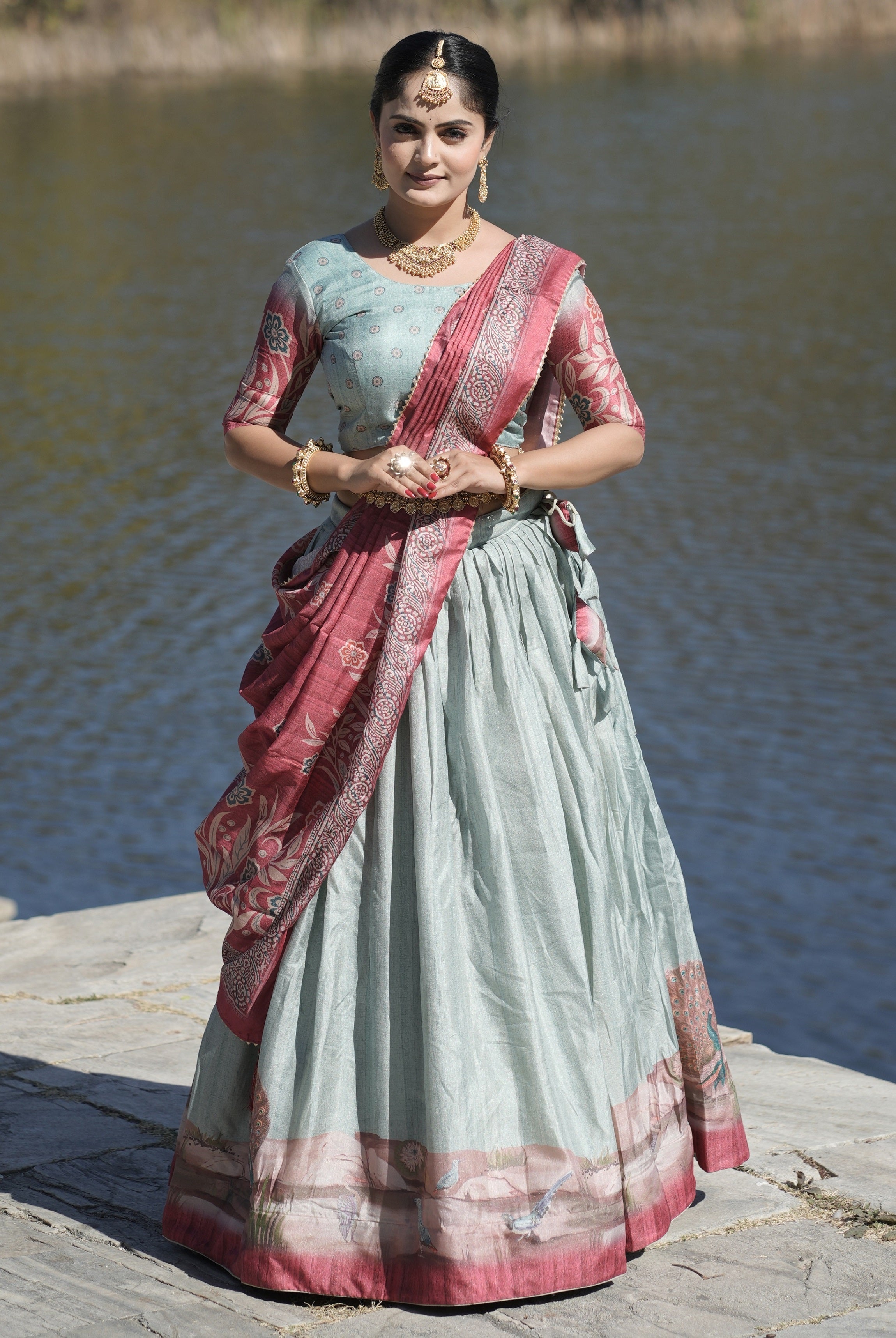 Vedant Vastram Fully Printed Pure Manipuri Silk Lehenga Choli With Blouse & Dupatta - Sky Blue | Grocsy