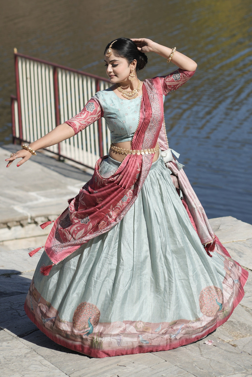 Vedant Vastram Fully Printed Pure Manipuri Silk Lehenga Choli With Blouse & Dupatta - Sky Blue | Grocsy