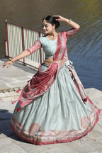 Vedant Vastram Fully Printed Pure Manipuri Silk Lehenga Choli With Blouse & Dupatta - Sky Blue | Grocsy