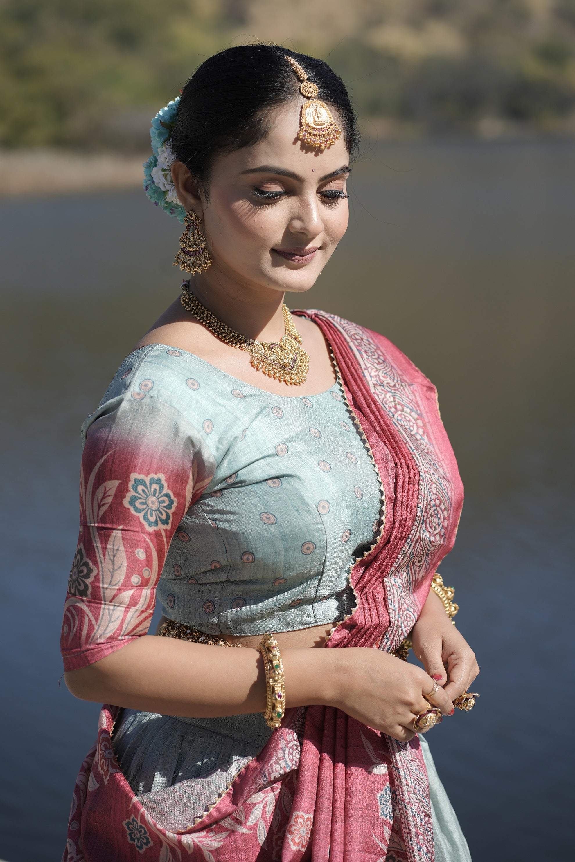 Vedant Vastram Fully Printed Pure Manipuri Silk Lehenga Choli With Blouse & Dupatta - Sky Blue | Grocsy