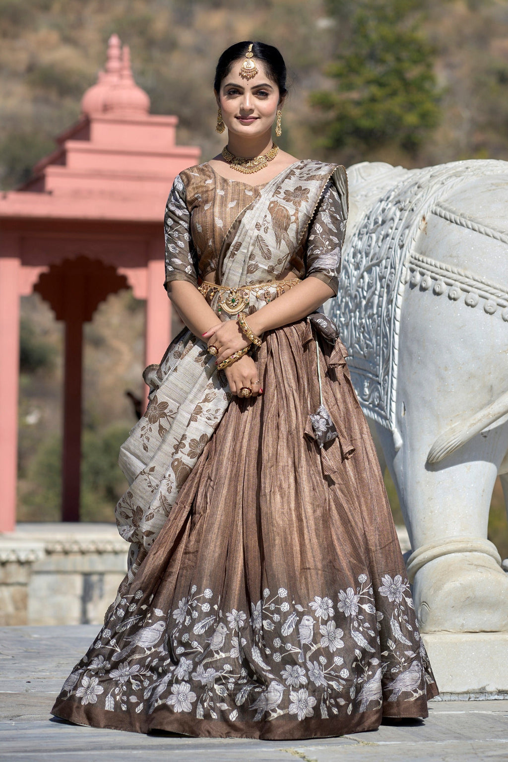 Vedant Vastram Fully Printed Pure Manipuri Silk Lehenga Choli With Blouse & Dupatta - Brown | Grocsy