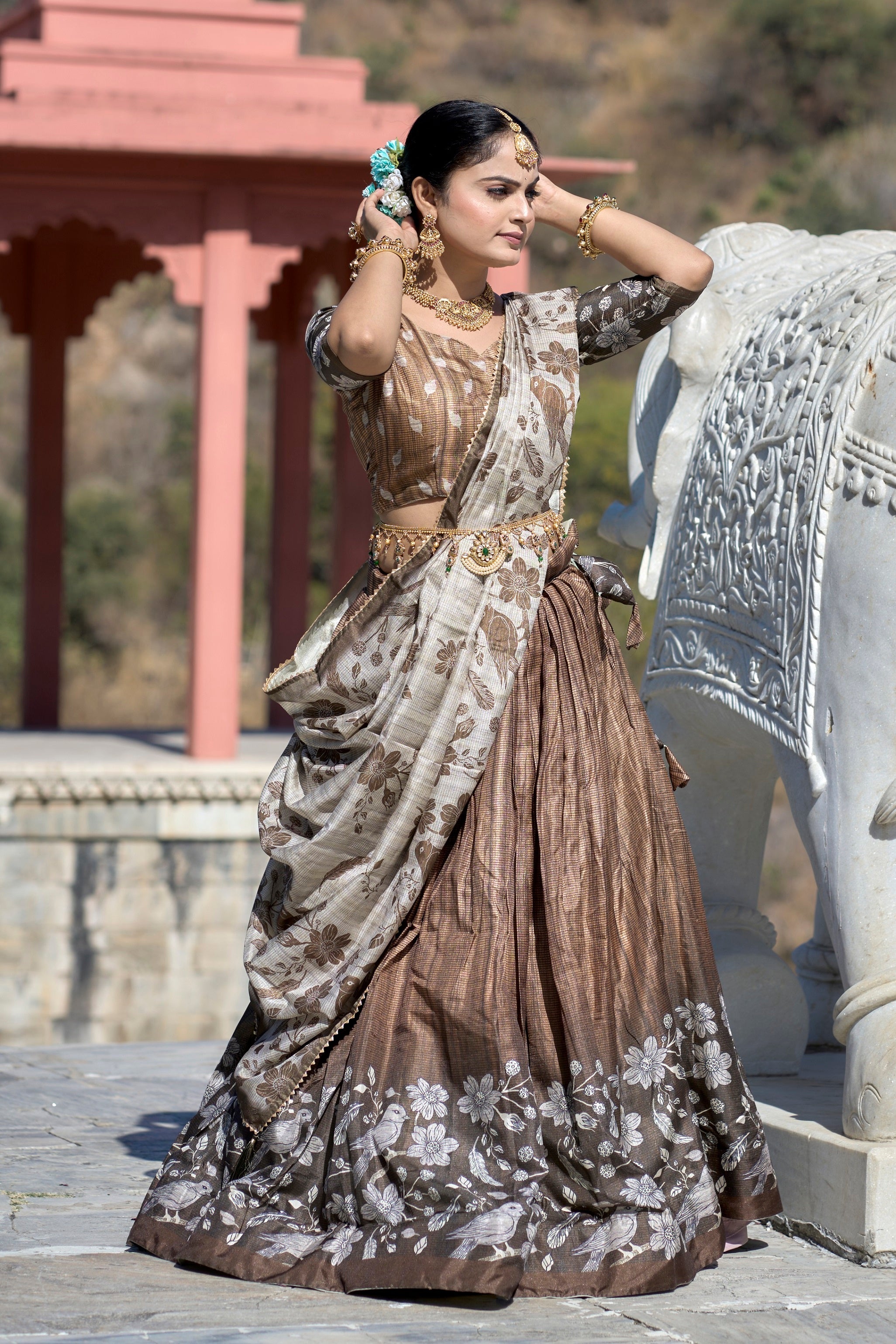 Vedant Vastram Fully Printed Pure Manipuri Silk Lehenga Choli With Blouse & Dupatta - Brown | Grocsy