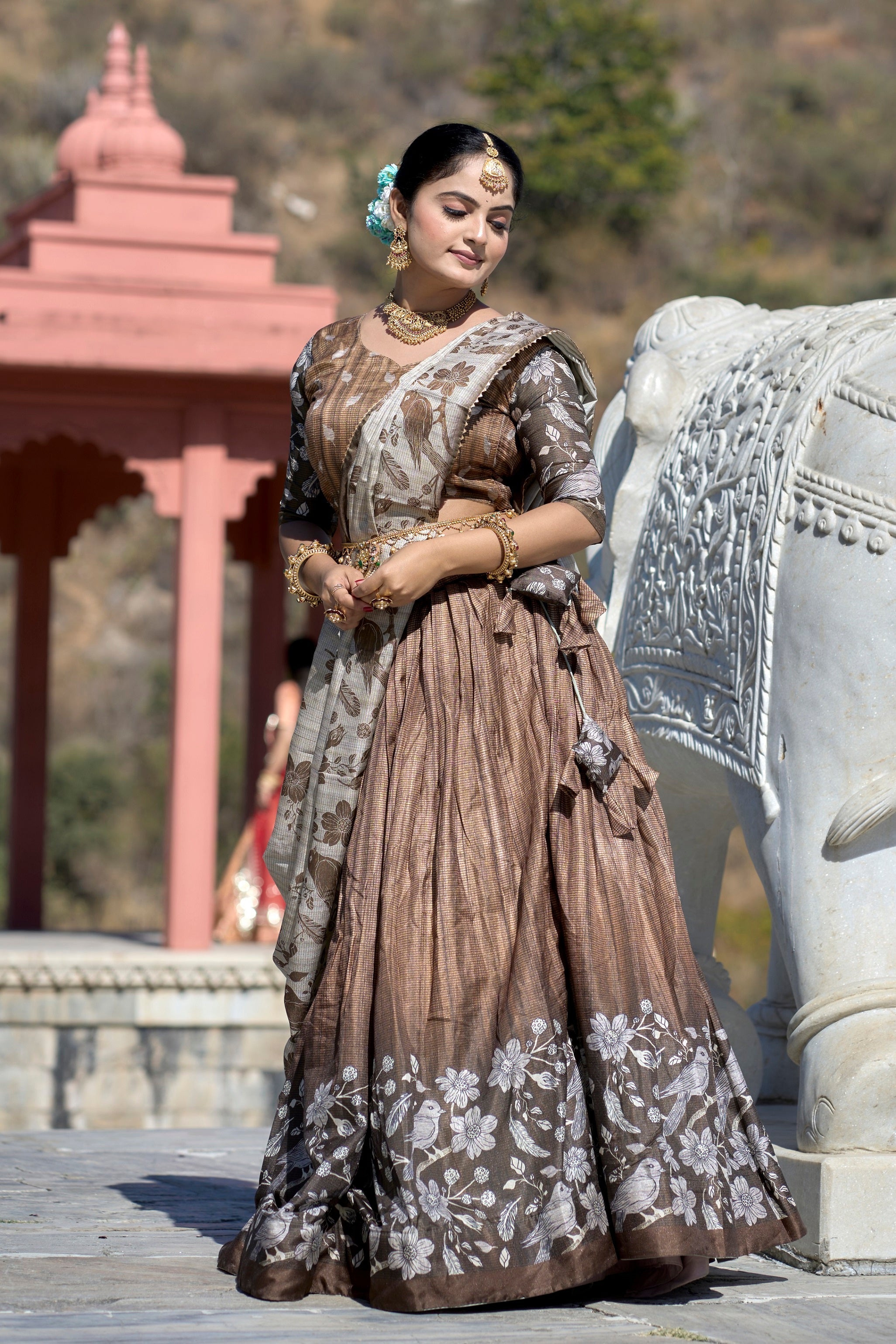 Vedant Vastram Fully Printed Pure Manipuri Silk Lehenga Choli With Blouse & Dupatta - Brown | Grocsy