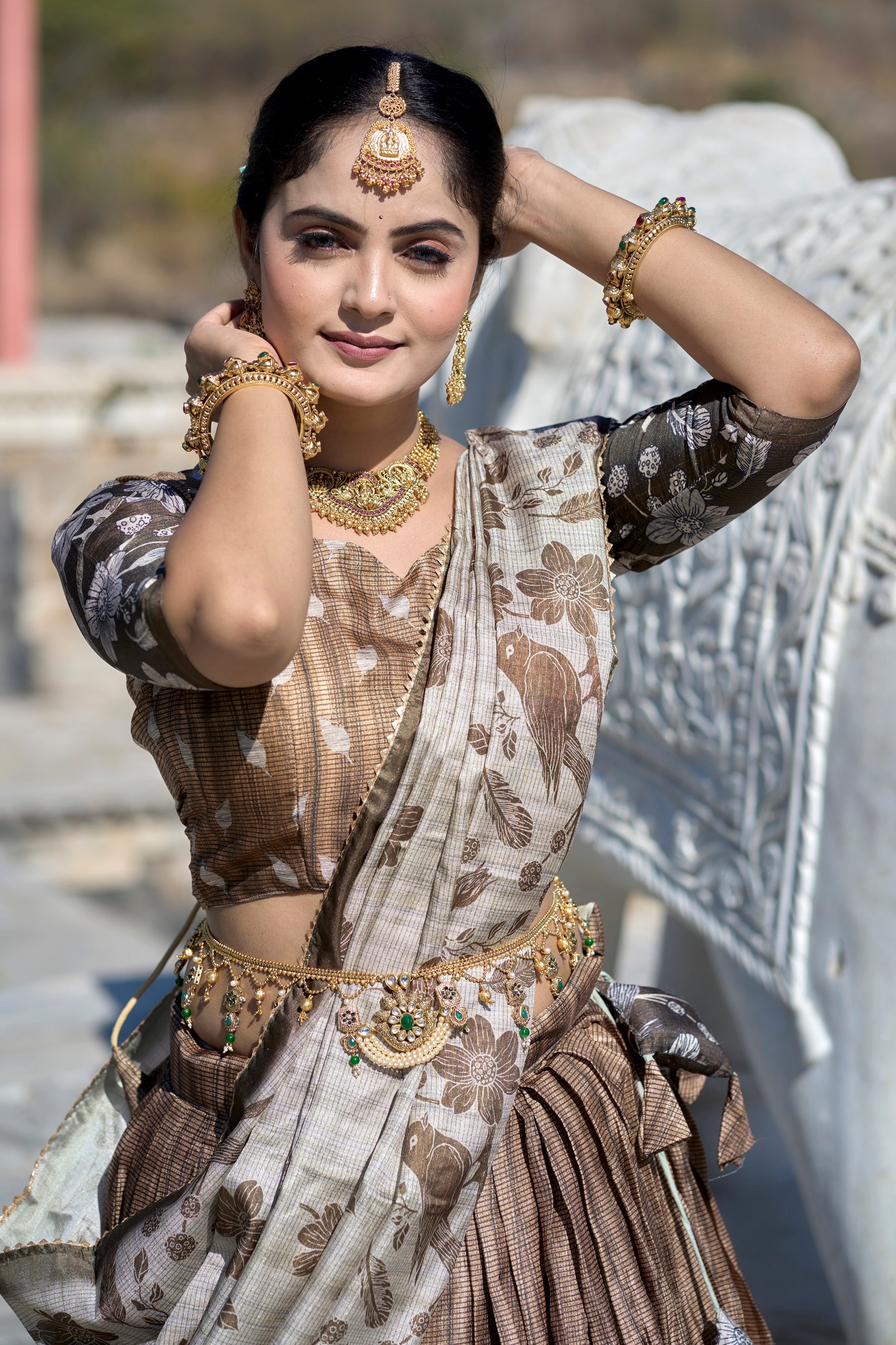 Vedant Vastram Fully Printed Pure Manipuri Silk Lehenga Choli With Blouse & Dupatta - Brown | Grocsy