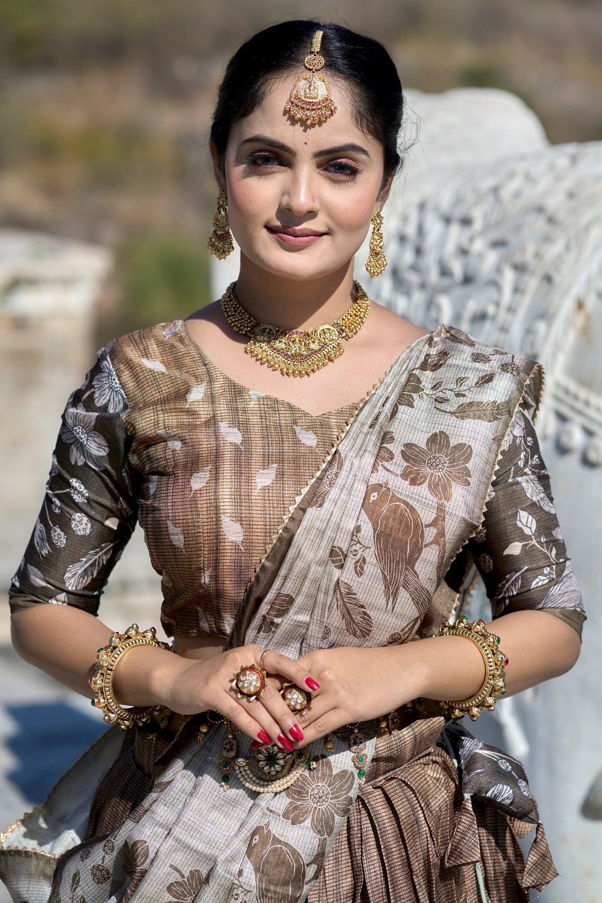 Vedant Vastram Fully Printed Pure Manipuri Silk Lehenga Choli With Blouse & Dupatta - Brown | Grocsy