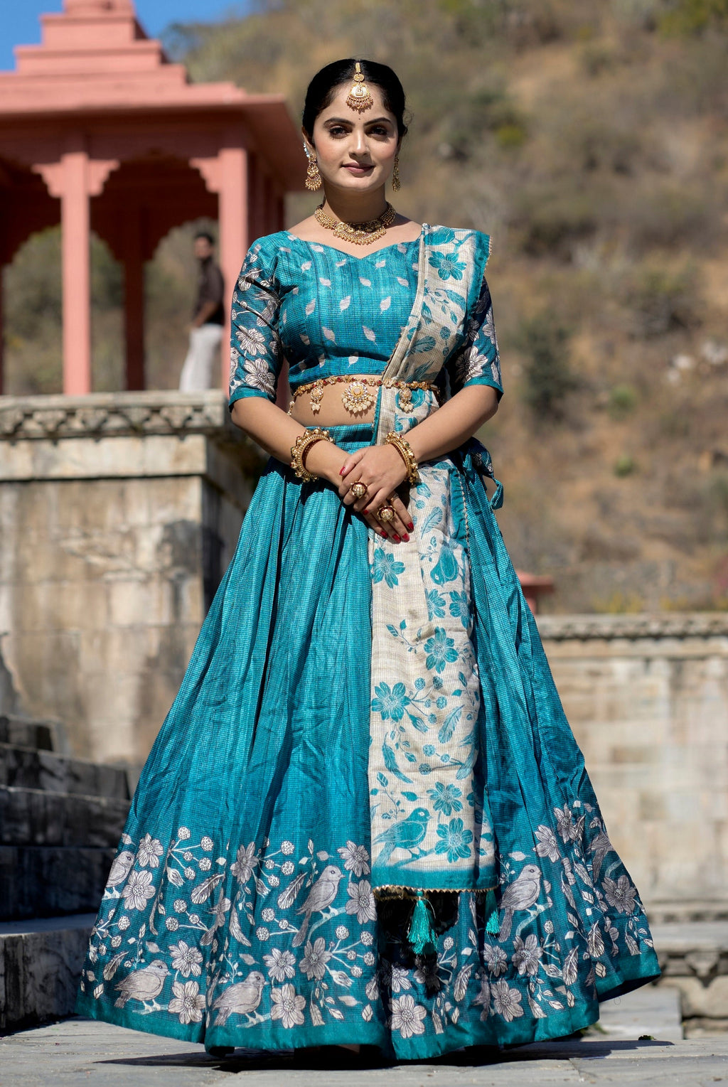 Vedant Vastram Fully Printed Pure Manipuri Silk Lehenga Choli With Blouse & Dupatta - Turquoise | Grocsy