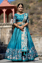 Vedant Vastram Fully Printed Pure Manipuri Silk Lehenga Choli With Blouse & Dupatta - Turquoise | Grocsy
