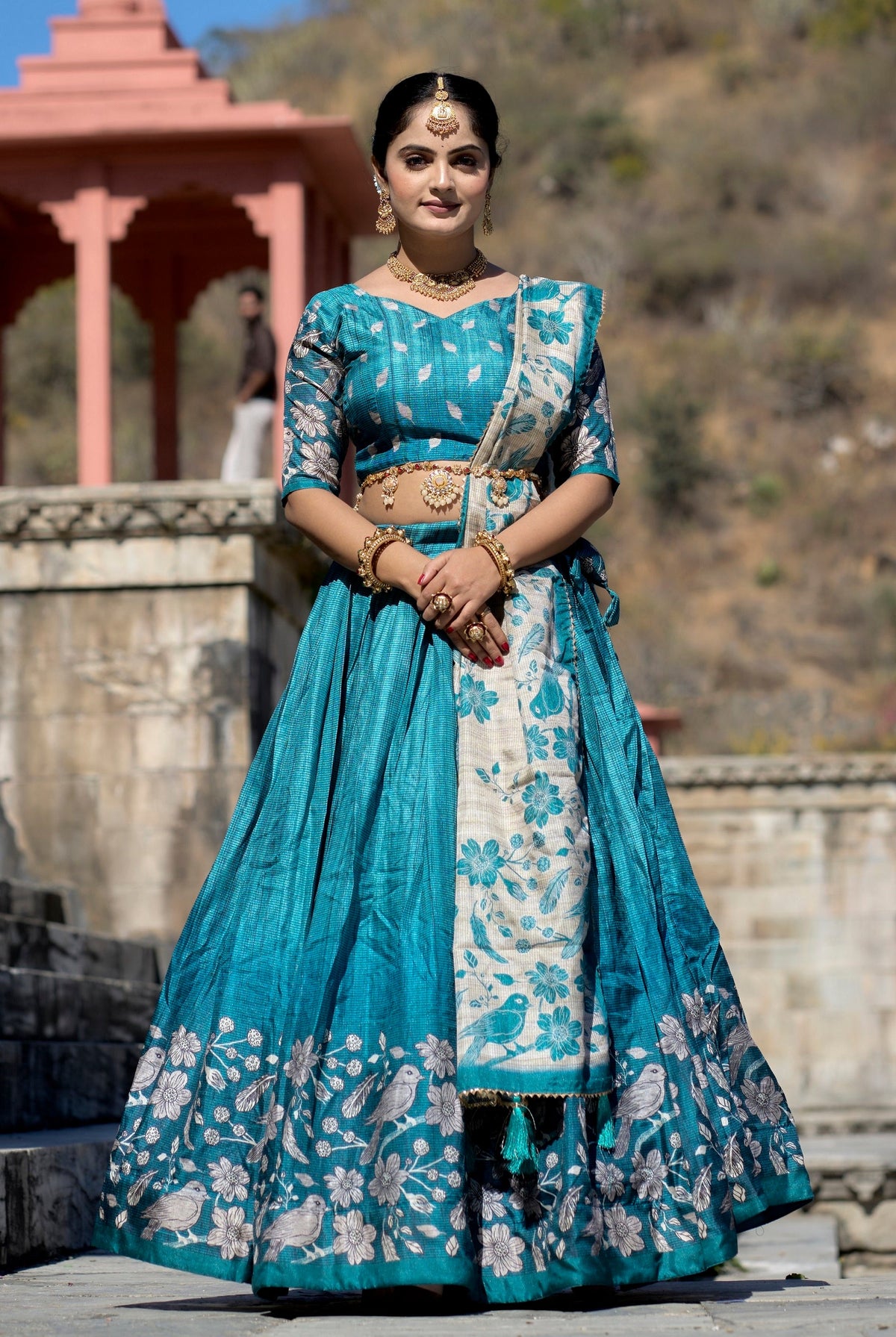Vedant Vastram Fully Printed Pure Manipuri Silk Lehenga Choli With Blouse & Dupatta - Turquoise | Grocsy