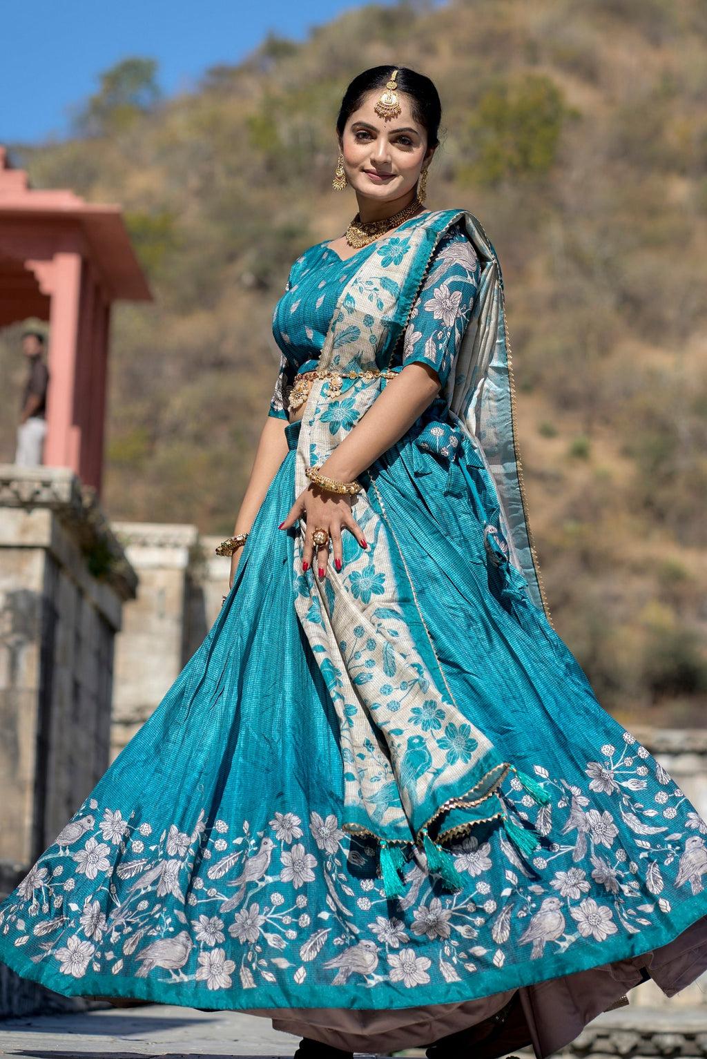 Vedant Vastram Fully Printed Pure Manipuri Silk Lehenga Choli With Blouse & Dupatta - Turquoise | Grocsy