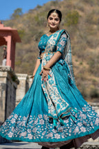 Vedant Vastram Fully Printed Pure Manipuri Silk Lehenga Choli With Blouse & Dupatta - Turquoise | Grocsy