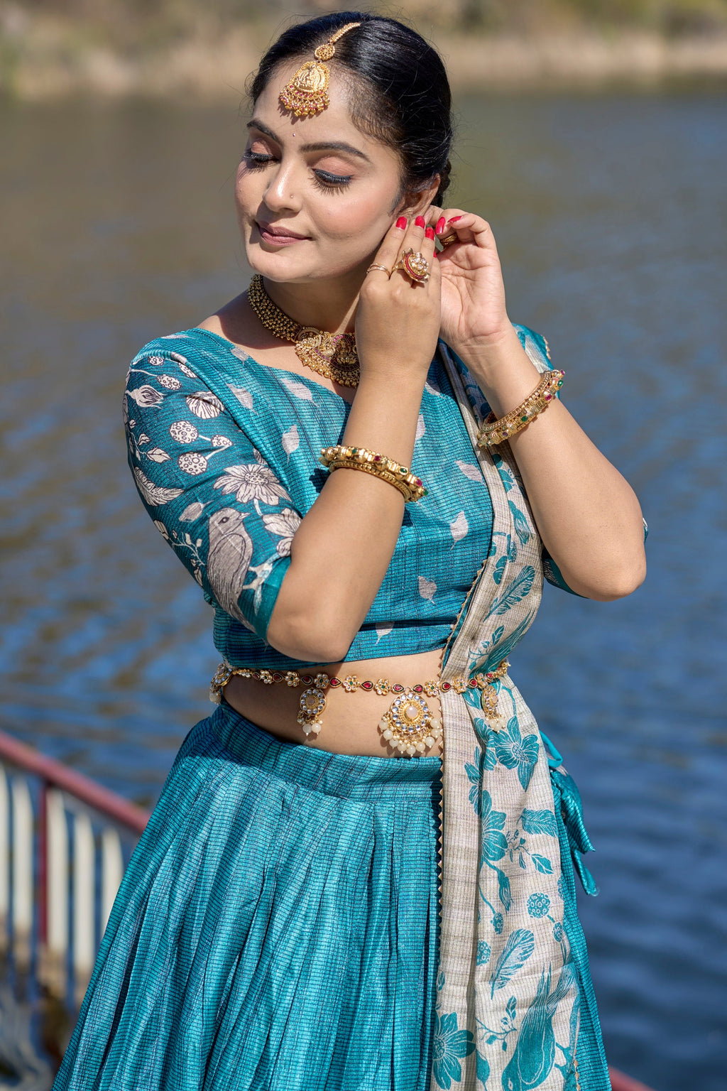 Vedant Vastram Fully Printed Pure Manipuri Silk Lehenga Choli With Blouse & Dupatta - Turquoise | Grocsy