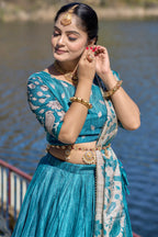 Vedant Vastram Fully Printed Pure Manipuri Silk Lehenga Choli With Blouse & Dupatta - Turquoise | Grocsy